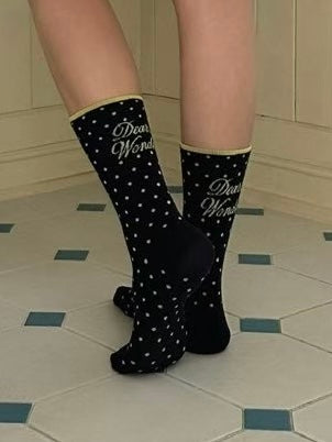 波點文字襪/深藍+黃