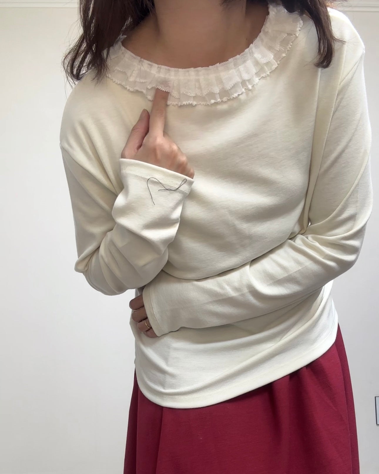 雙層網摺褶領T-shirt/米白