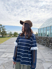 雪紡袖T-shirt/深藍