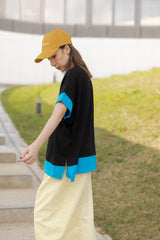 手袖衫腳撞色邊T-shirt/黑+藍
