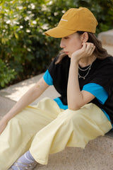 手袖衫腳撞色邊T-shirt/黑+藍