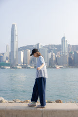 點點網紗袖撞布T-shirt/淺藍