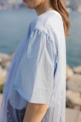 點點網紗袖撞布T-shirt/淺藍
