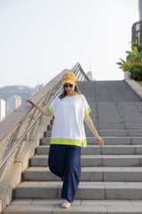 手袖衫腳撞色邊T-shirt/白+螢光黃