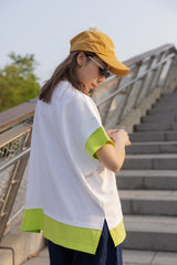 手袖衫腳撞色邊T-shirt/白+螢光黃