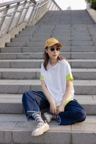 手袖衫腳撞色邊T-shirt/白+螢光黃