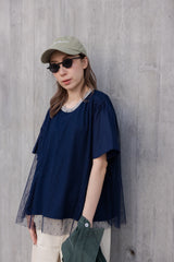 點點網紗袖撞布T-shirt/深藍
