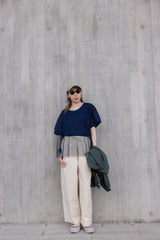 點點網紗袖撞布T-shirt/深藍